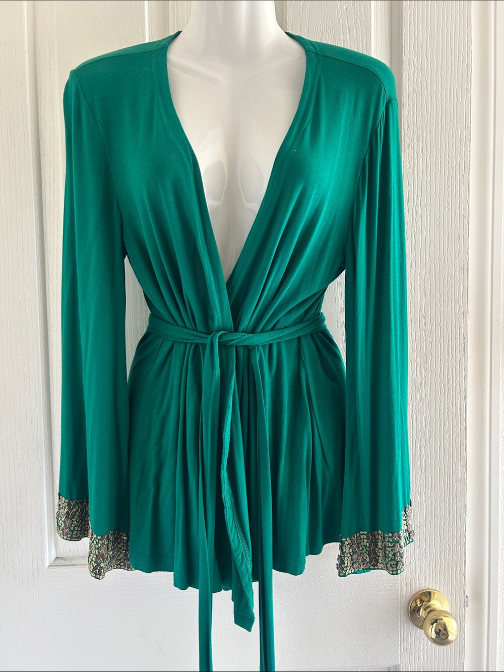 Green Long-Sleeve Wrap Top with Tie Waist